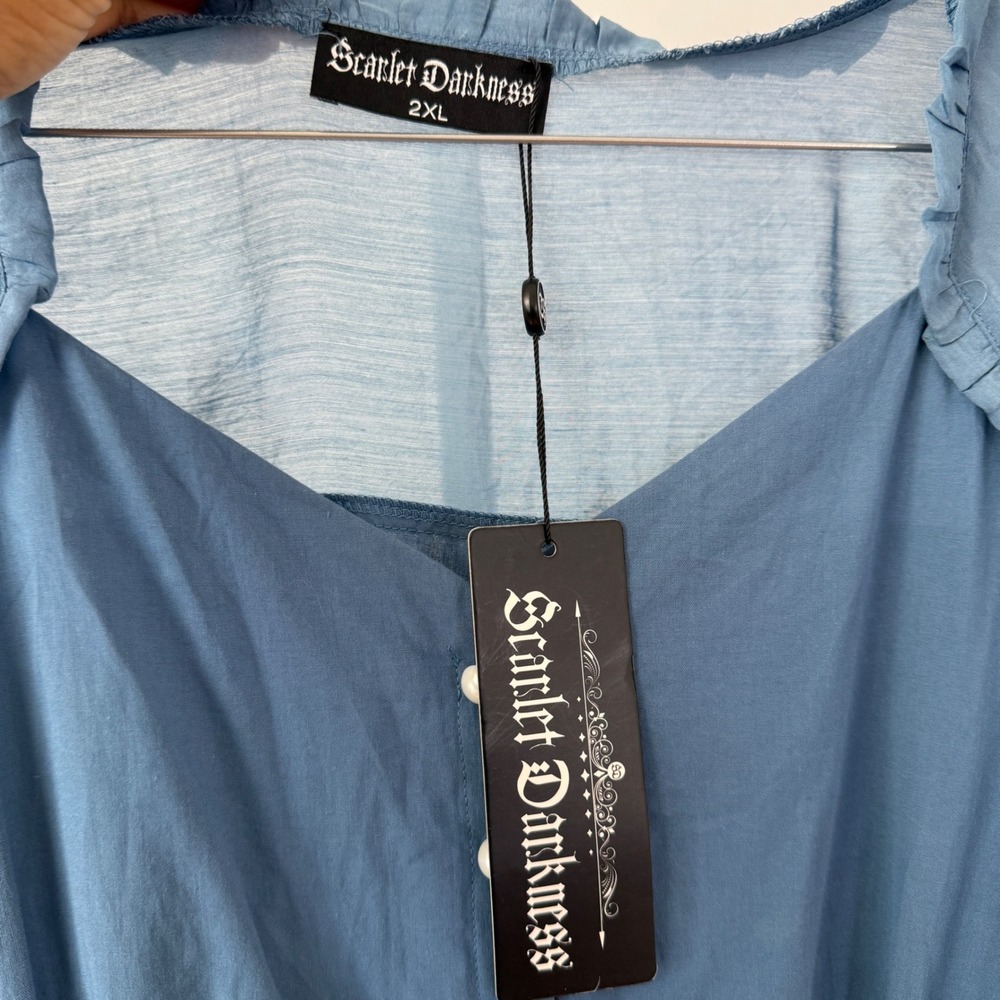 Scarlet Darkness Blue Button Front Midi Dress Tie Waist Sheer Sleeve Women's 2XL - Picture 4 of 8